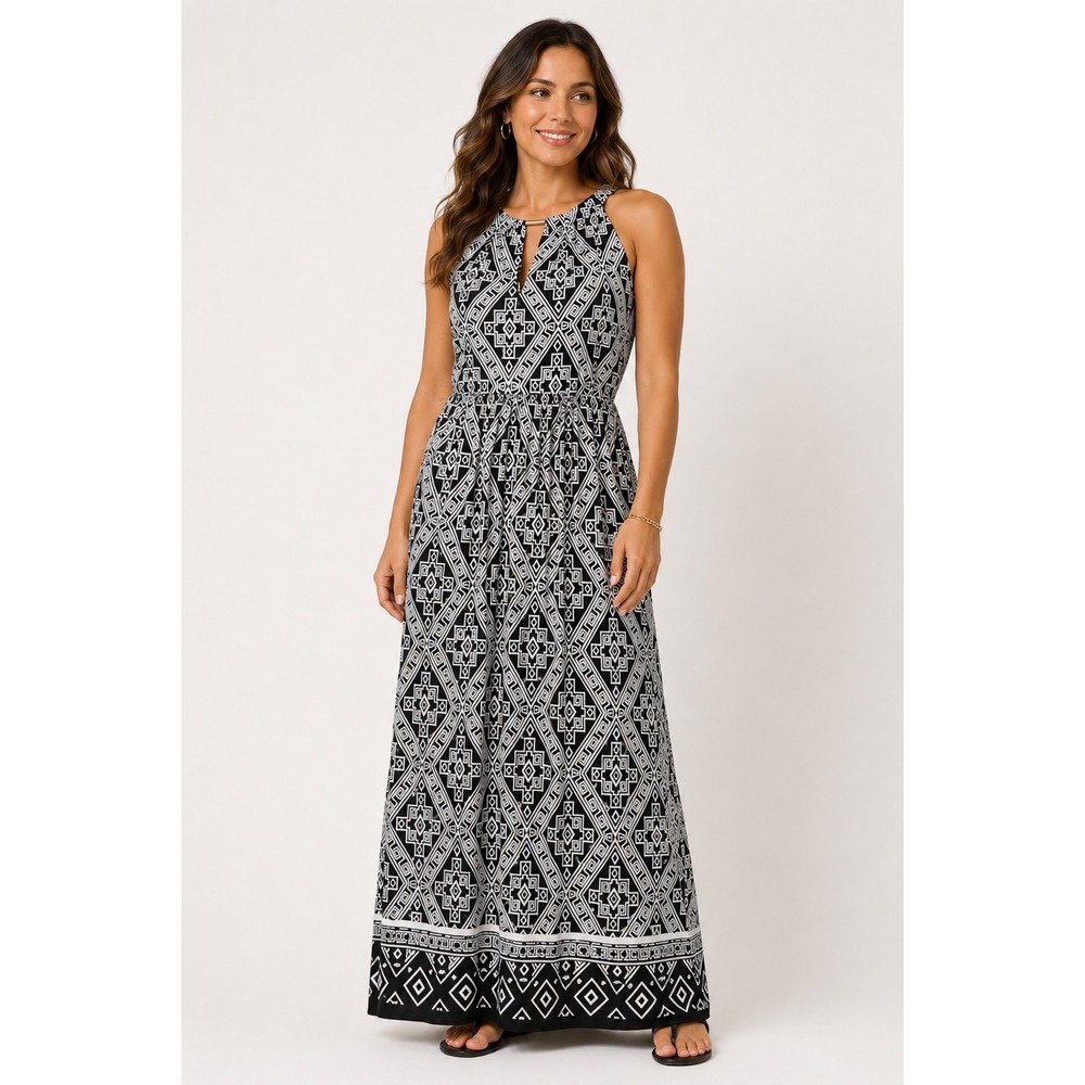 Apt. 9 Womens XL Black‎ White Geometric Halter Keyhole Empire Waist Maxi Dress